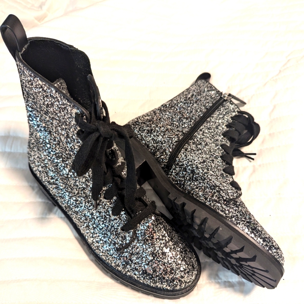 NWOT Kate Spade Silver Glitter Combat Boot Style Jemma sz 7B retail $258